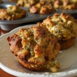 Two golden-brown beginner's stuffing muffins on a white plate, with a muffin tin full of more stuffing in the background.