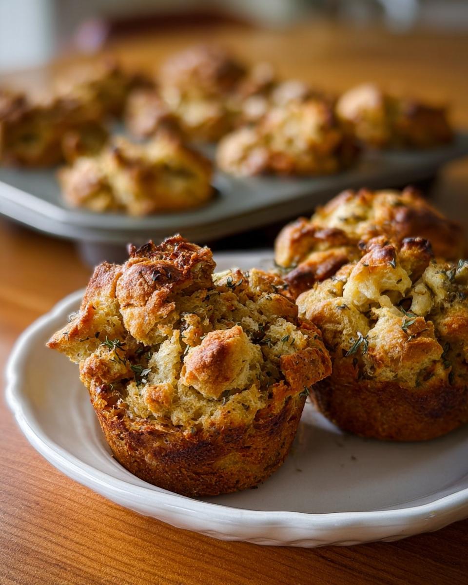 Close-up of two golden-brown beginner's stuffing muffins on a white plate, with more in a muffin tin blurred in the background.