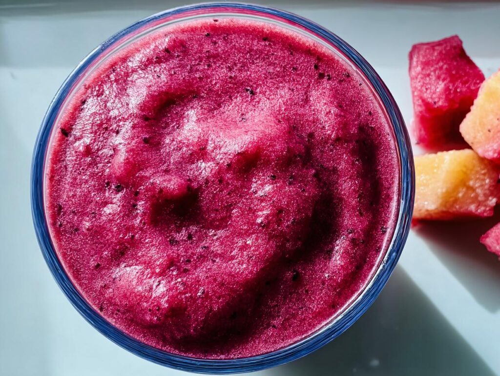 Close-up of a vibrant berry smoothie in a glass, with chunks of fruit on the side. A perfect addition to your breakfast ideas recipes.