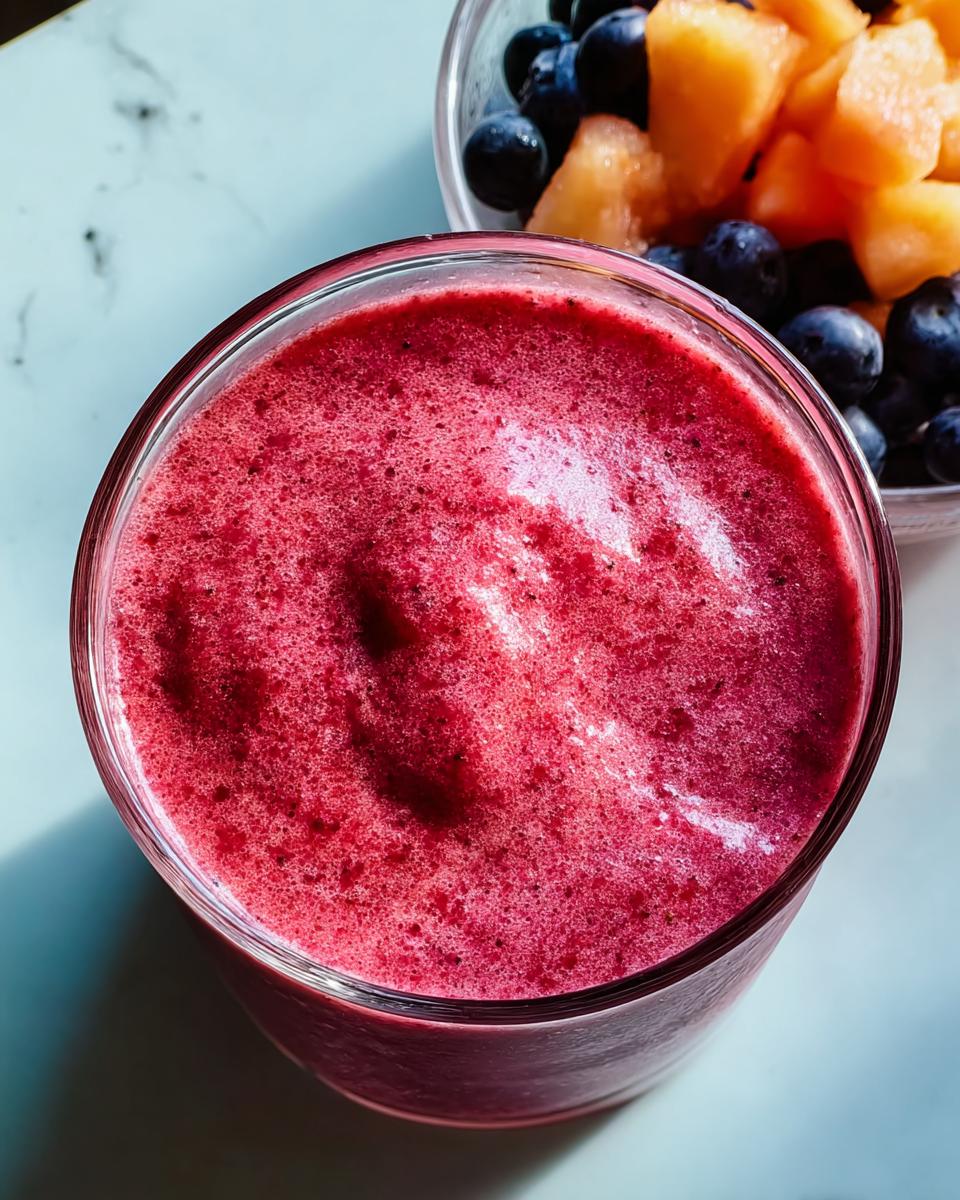A vibrant berry smoothie in a glass, with a bowl of blueberries and cantaloupe in the background, perfect for breakfast ideas.