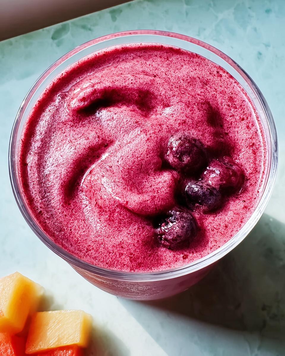 Close-up of a vibrant berry smoothie in a glass, topped with fresh blueberries, perfect for breakfast ideas recipes.