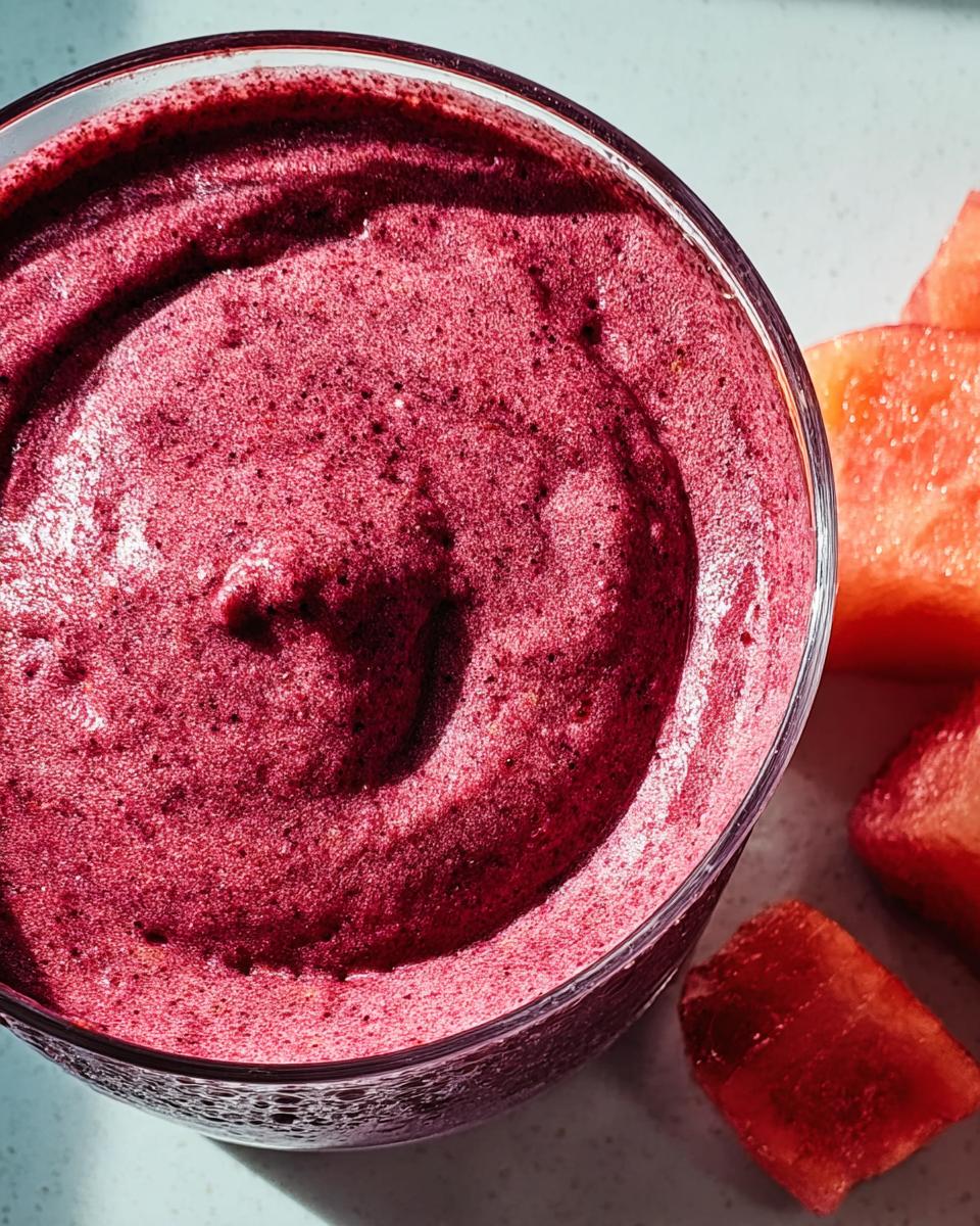 Close-up of a vibrant berry smoothie in a glass, with chunks of watermelon on the side, perfect for breakfast ideas recipes.