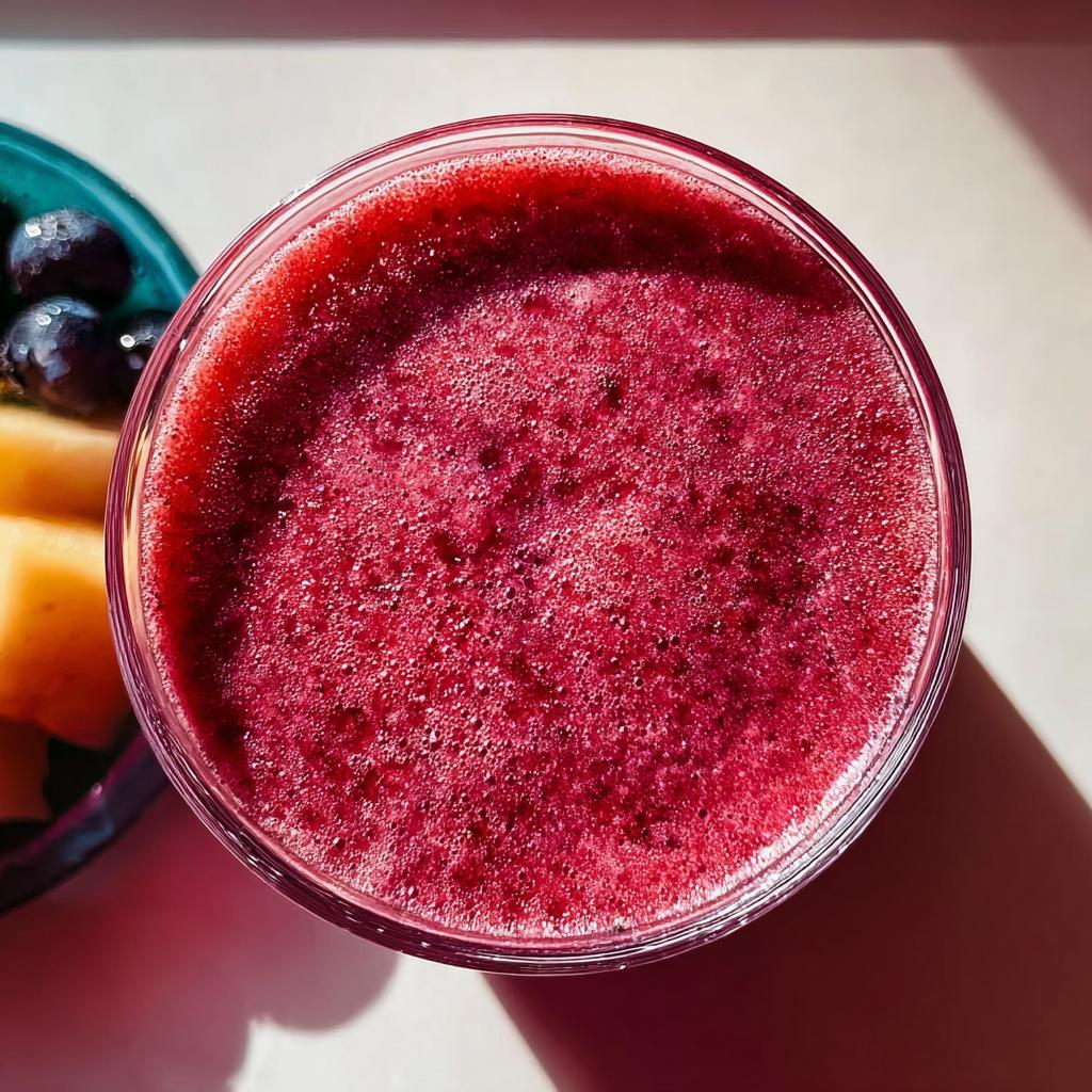 Top view of a vibrant red berry smoothie in a glass, with a side of blueberries and melon.