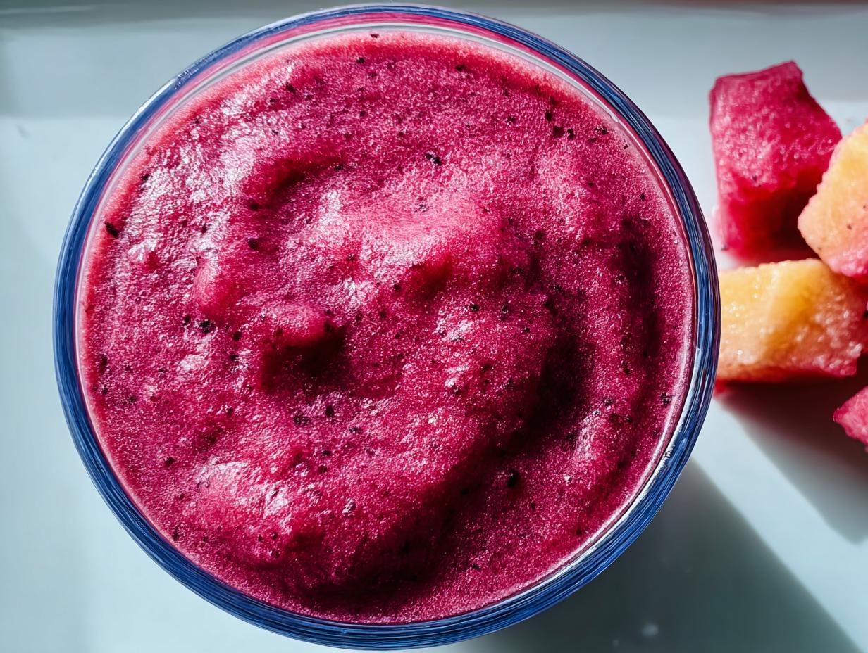 Close-up of a vibrant berry smoothie in a glass, with chunks of fruit on the side. A perfect addition to your breakfast ideas recipes.