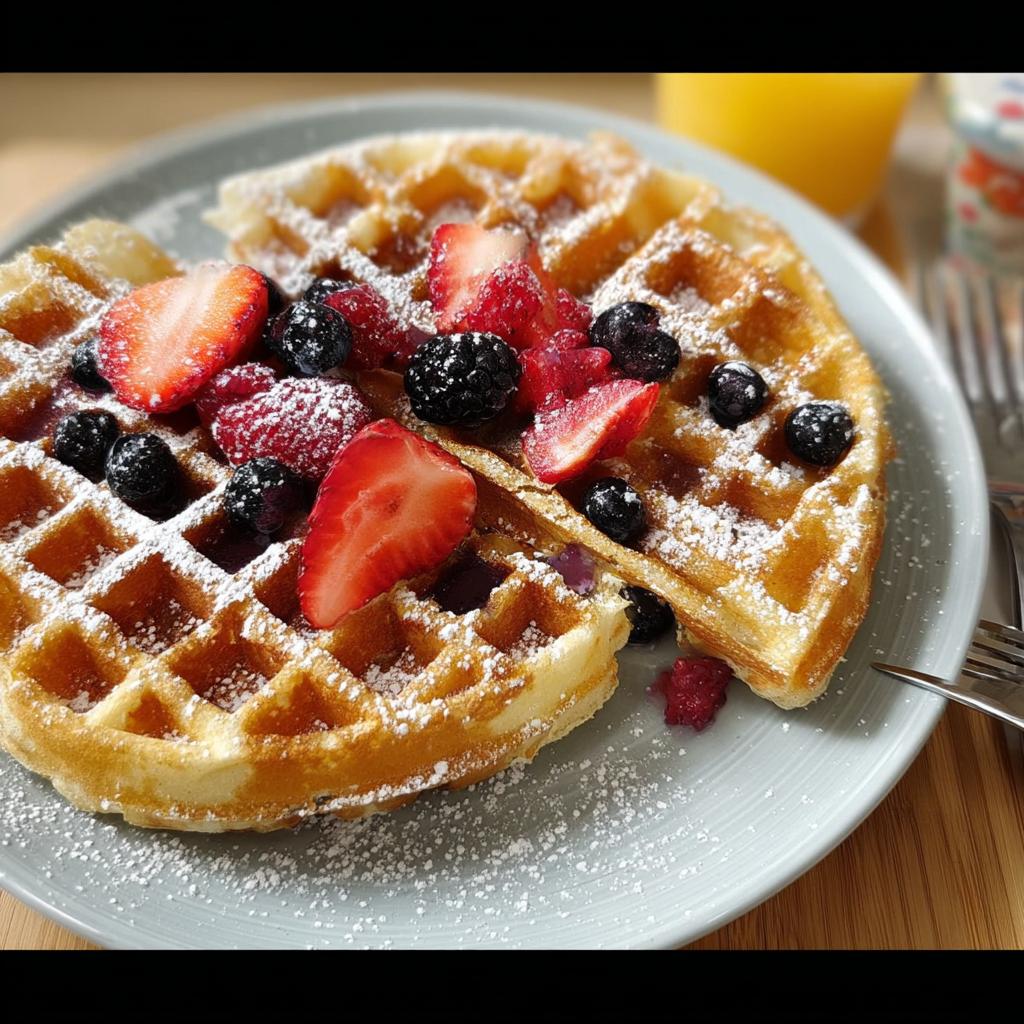 Close-up of fluffy waffles topped with fresh strawberries, blueberries, and raspberries, dusted with powdered sugar.