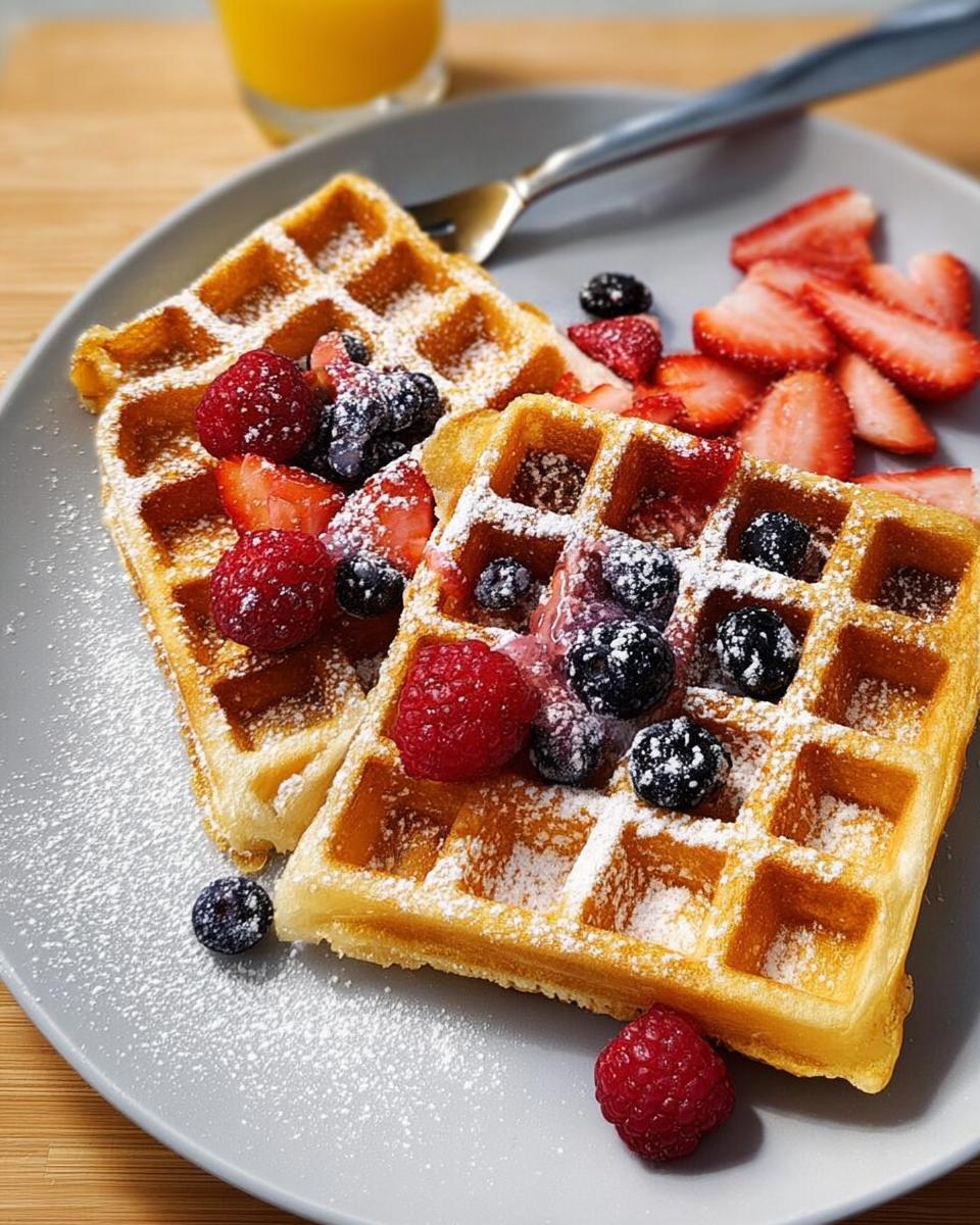 Two golden waffles topped with fresh raspberries, blueberries, and sliced strawberries, dusted with powdered sugar. A perfect breakfast idea.