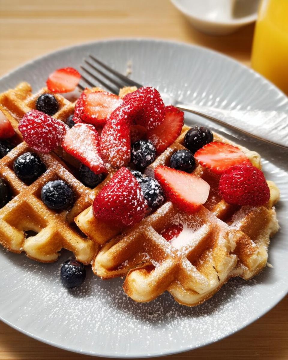 Golden brown waffles topped with fresh strawberries, blueberries, and powdered sugar, perfect for breakfast ideas recipes.
