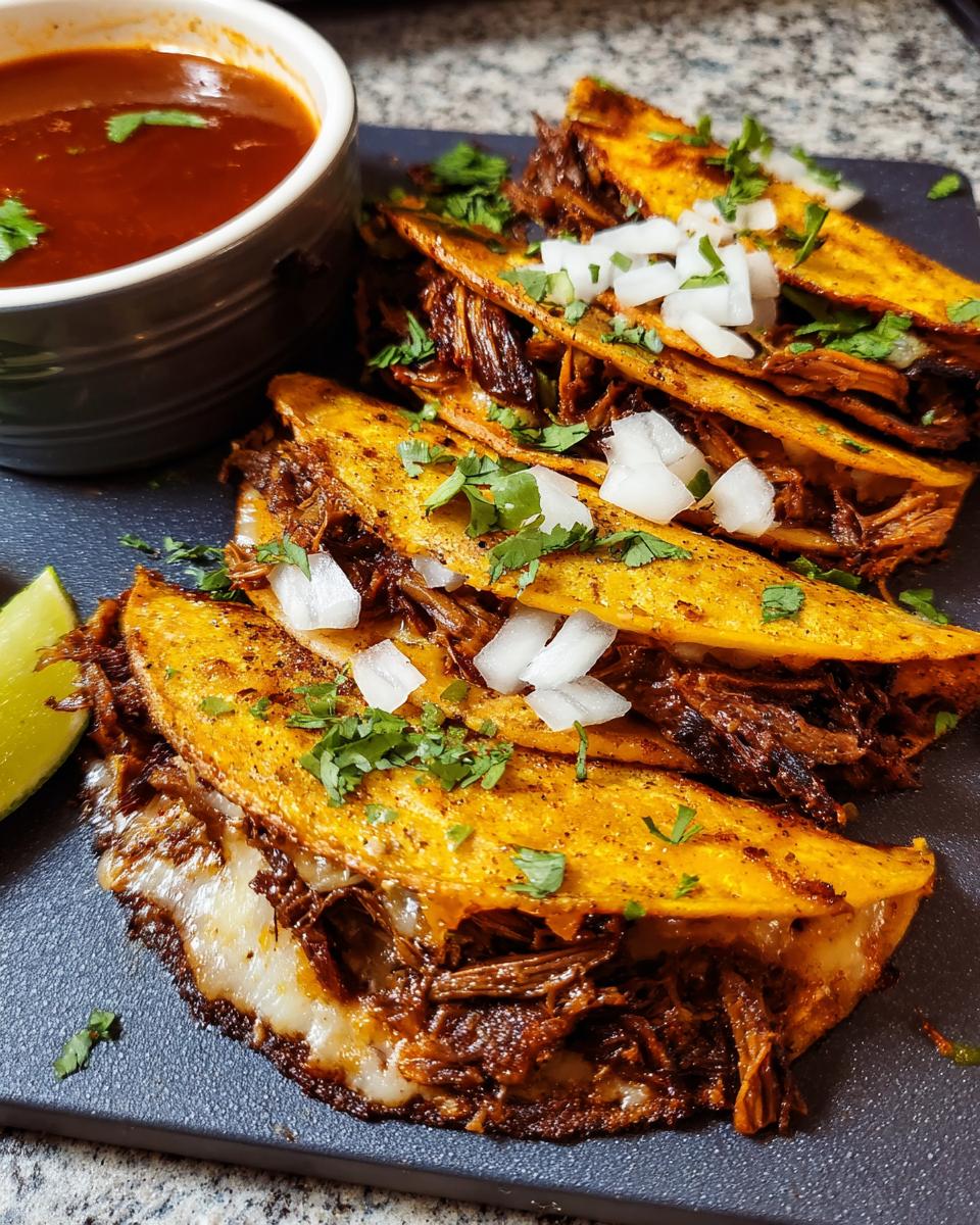 A plate of cheesy birria tacos, topped with onions and cilantro, served with a side of consommé for dipping, perfect for Taco Tuesday.
