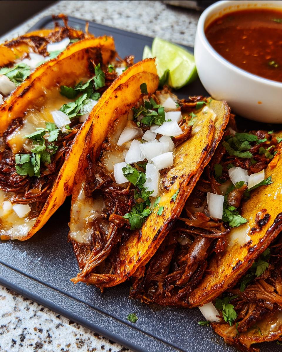 A close-up of three delicious birria tacos, topped with onions and cilantro, served with a side of consommé and lime wedges.