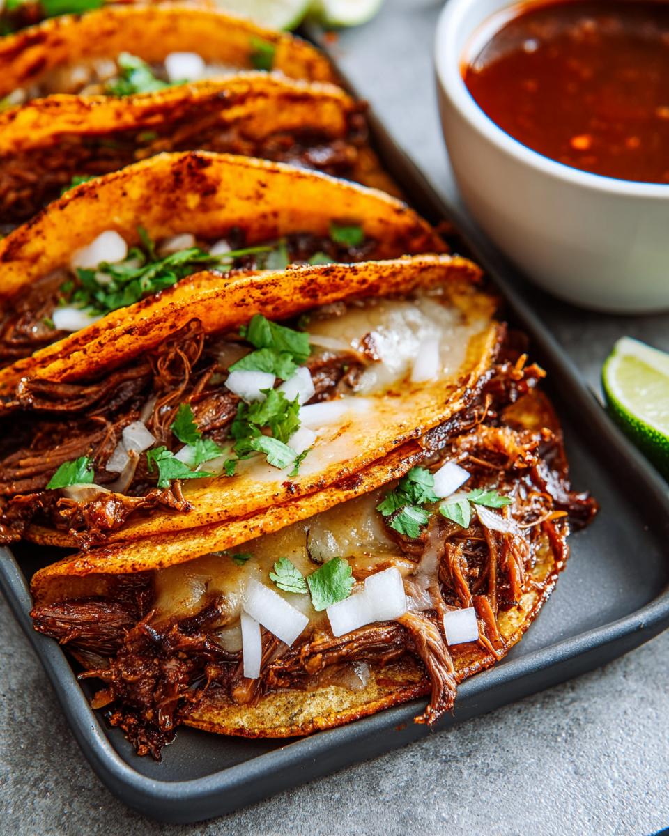 Close-up of delicious birria tacos filled with shredded beef and cheese, topped with onions and cilantro. Perfect for Taco Tuesday!
