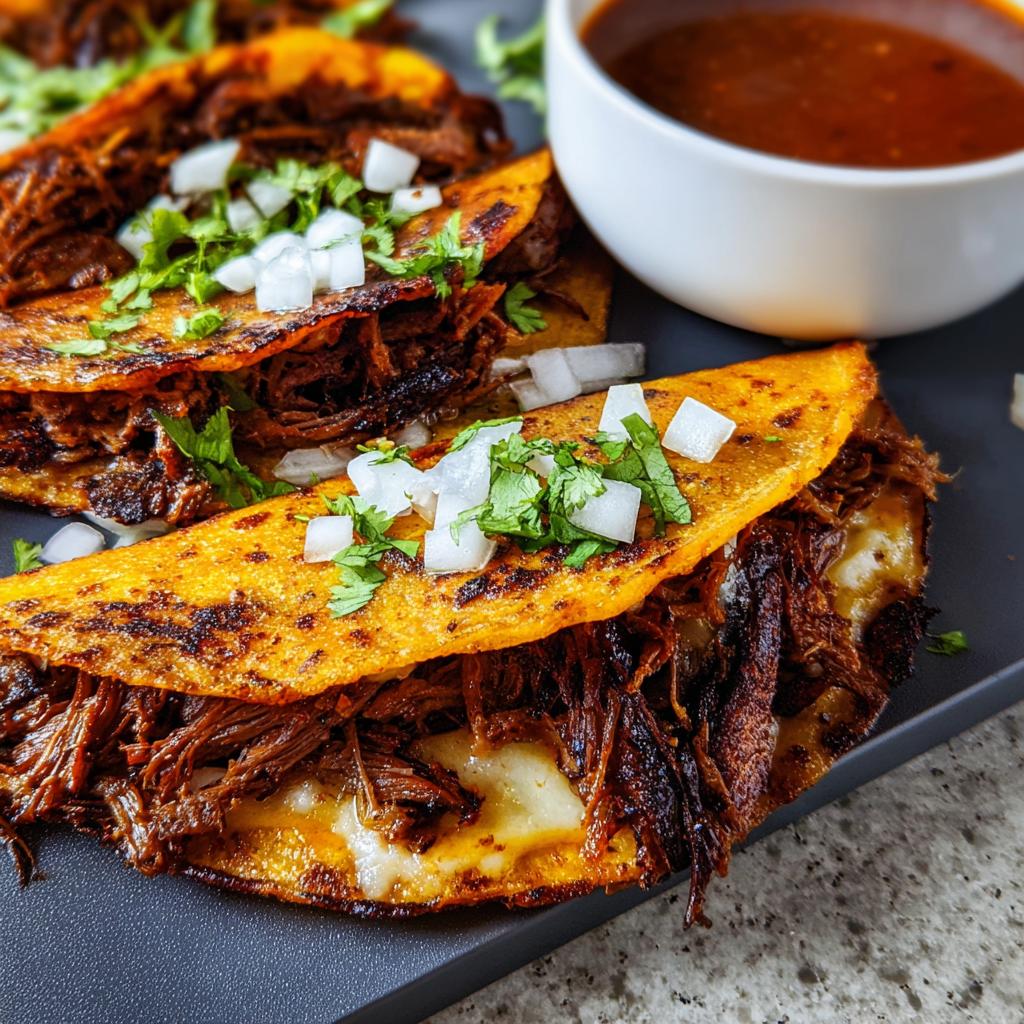 Close-up of three birria tacos, filled with shredded beef and cheese, topped with onions and cilantro, served with a side of consommé.