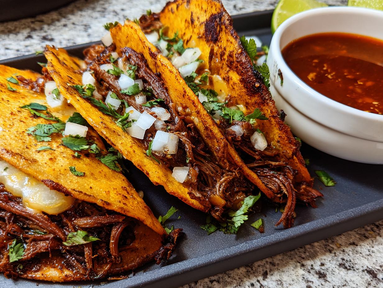 Close-up of three birria tacos, filled with shredded beef and topped with onions and cilantro, served with a side of consommé.
