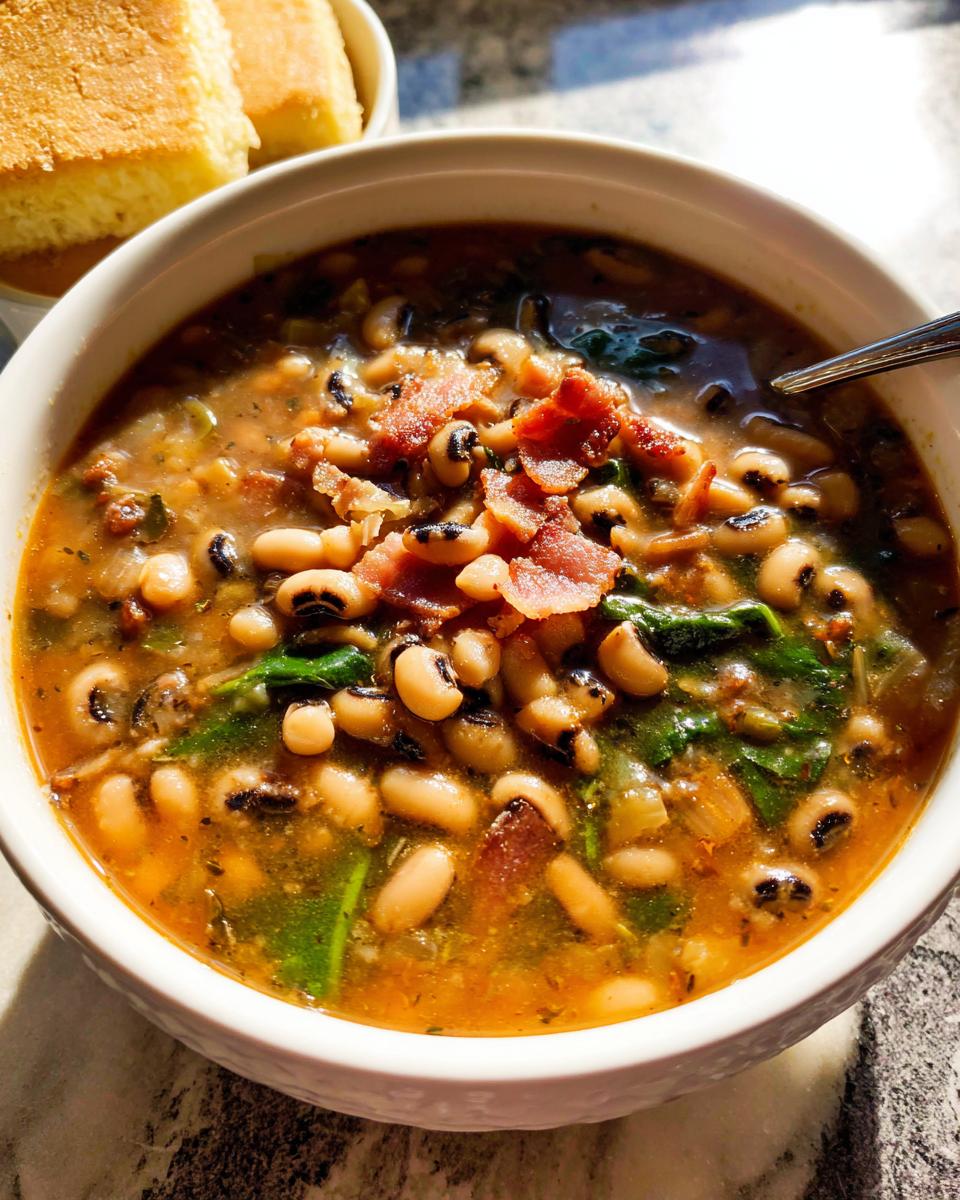 A bowl of hearty black-eyed pea soup topped with crispy bacon, served with cornbread.