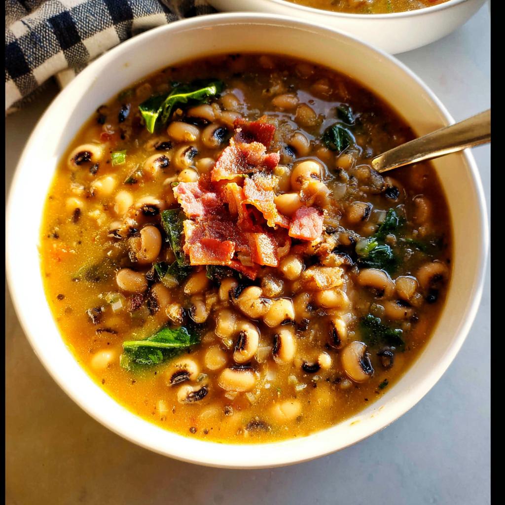 A bowl of hearty black-eyed pea soup topped with crispy bacon and greens, part of The Ultimate Soup Recipes Guide for Beginners.