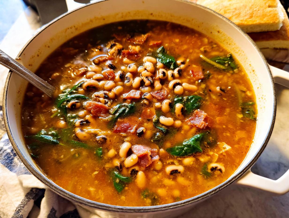 A close-up of a steaming pot of black eyed pea soup with spinach and bacon, part of The Ultimate Soup Recipes Guide for Beginners.