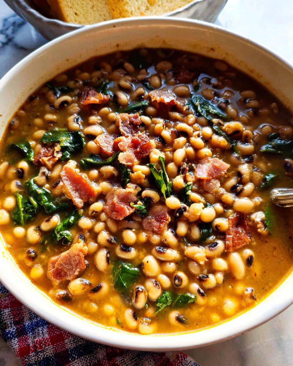 A close-up of a bowl of black eyed peas soup with bacon and greens, part of The Ultimate Soup Recipes Guide for Beginners.