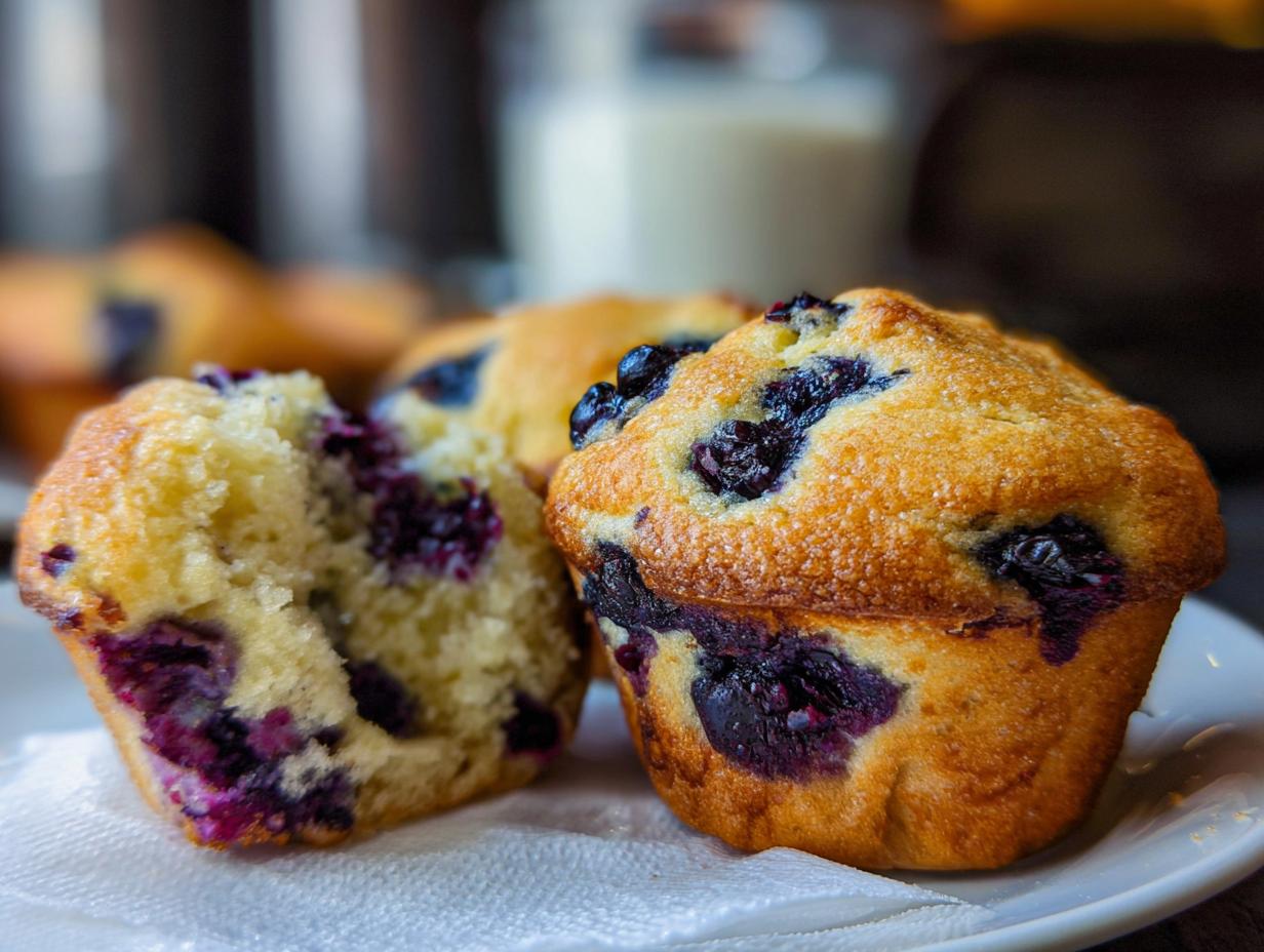 Close-up of a blueberry muffin, one is broken in half revealing the moist interior and blueberries, part of Cake Ideas Recipes Meal Prep.