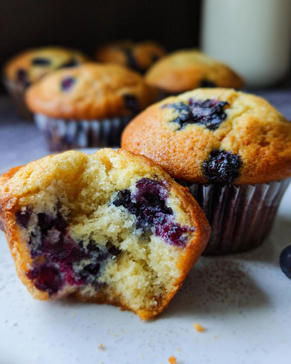 Close-up of a blueberry muffin, one is broken in half revealing juicy blueberries and a fluffy cake texture. Part of a meal prep cake idea.