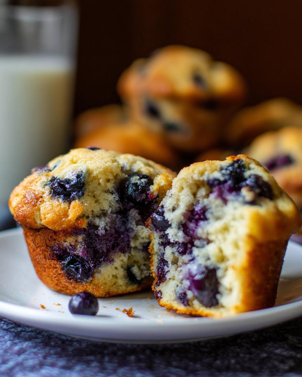 Close-up of a blueberry muffin cut in half, revealing juicy blueberries and fluffy cake. Part of our Cake Ideas Recipes Meal Prep collection.