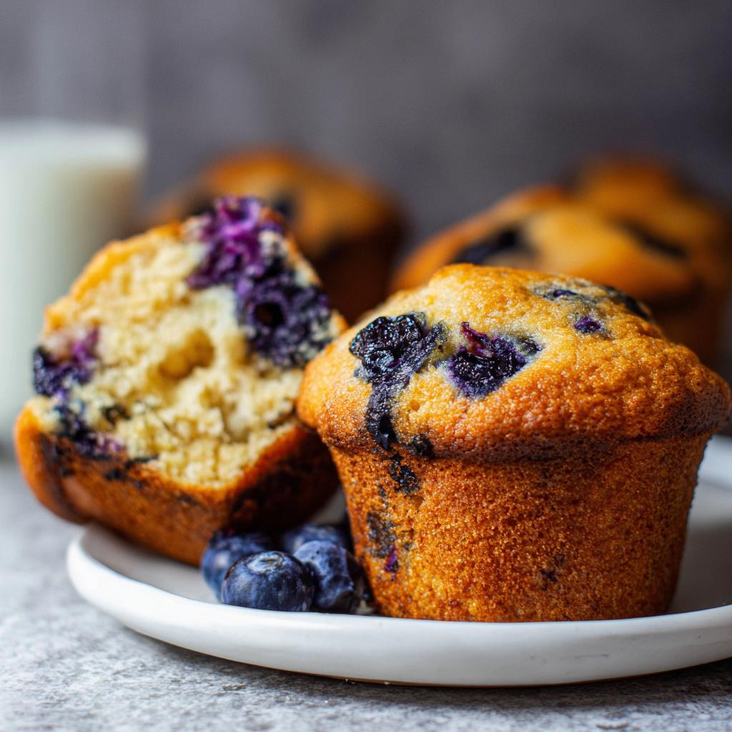 Close-up of a blueberry muffin, cut in half, showing the moist interior and bursting blueberries. Perfect for cake ideas recipes meal prep.