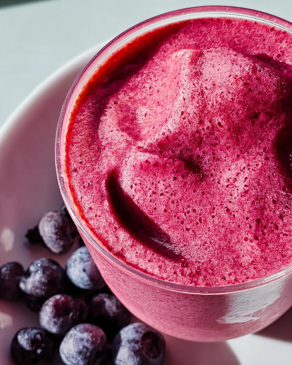 Close-up of a frothy pink blueberry smoothie in a glass, with fresh blueberries scattered on the side. A perfect addition to breakfast ideas.