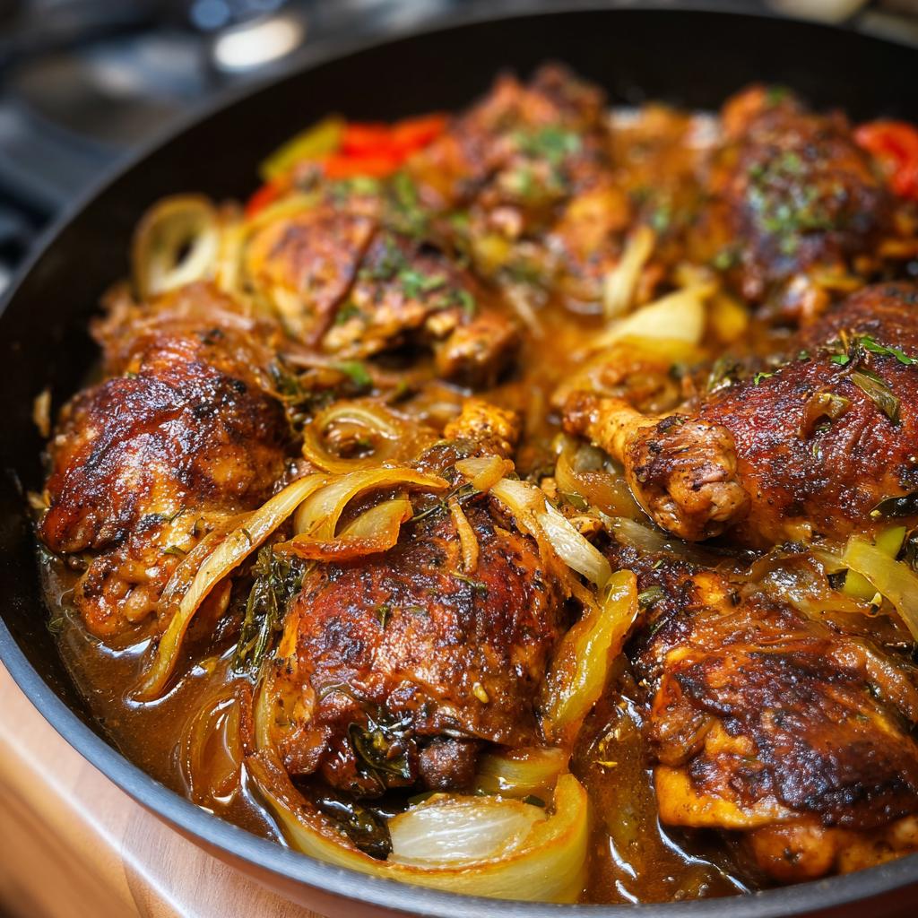 Close-up of a pan of braised chicken pieces with onions and peppers, part of the best chicken recipes.