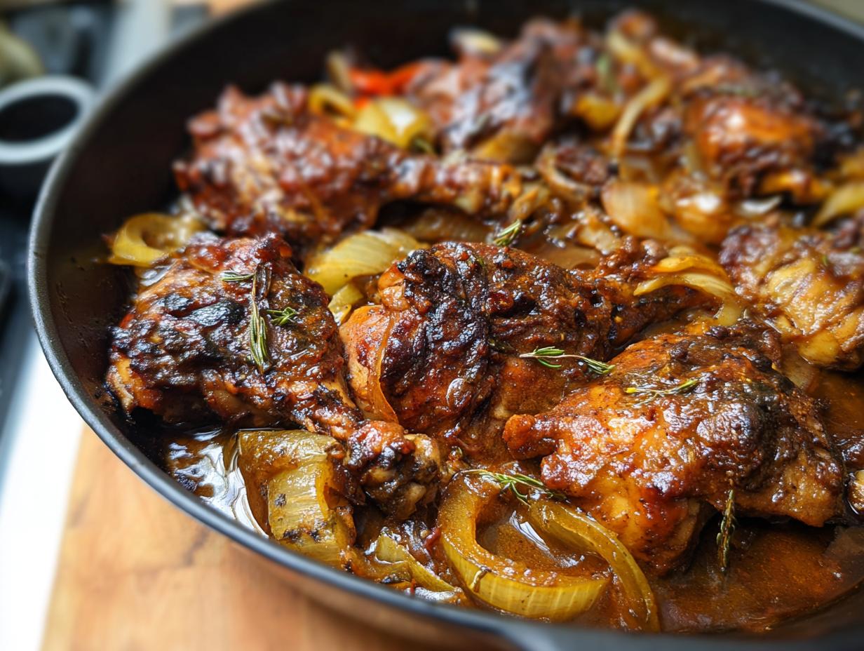 Close-up of braised chicken pieces with onions and herbs in a cast-iron skillet, a delicious chicken recipe.