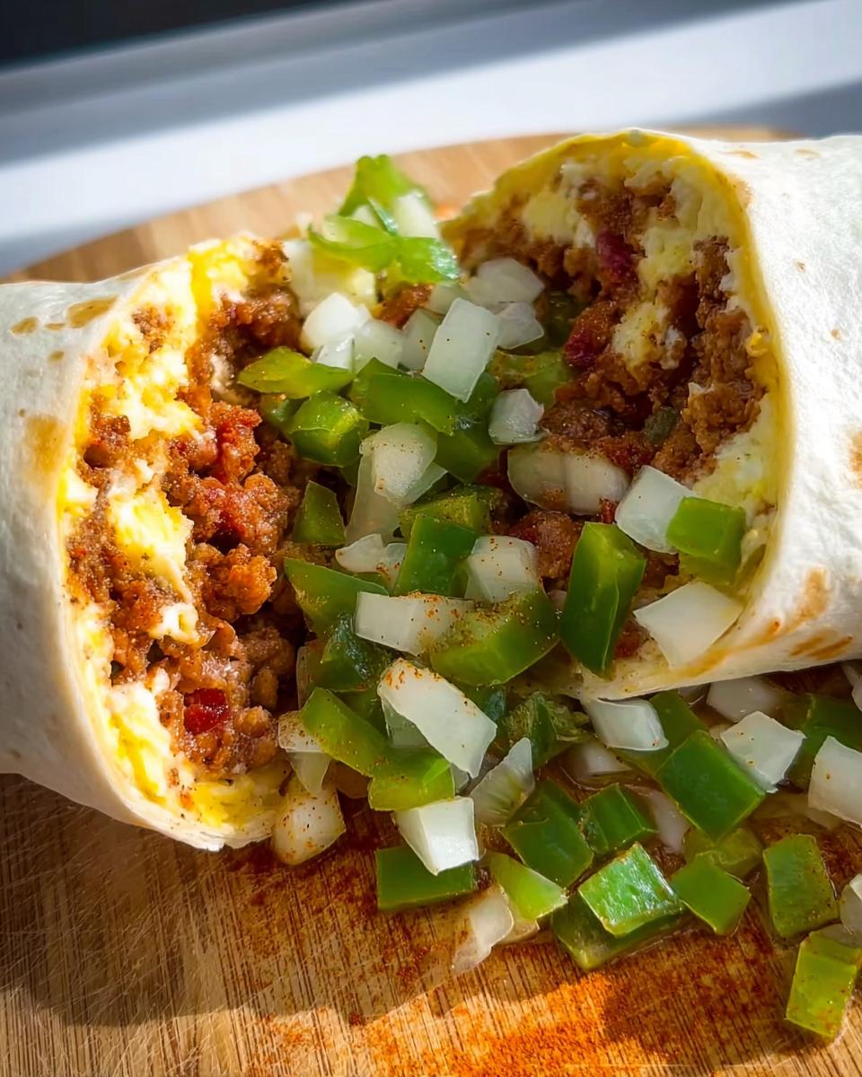 Close-up of a breakfast burrito cut in half, showing scrambled eggs, seasoned meat, and diced green peppers and onions.