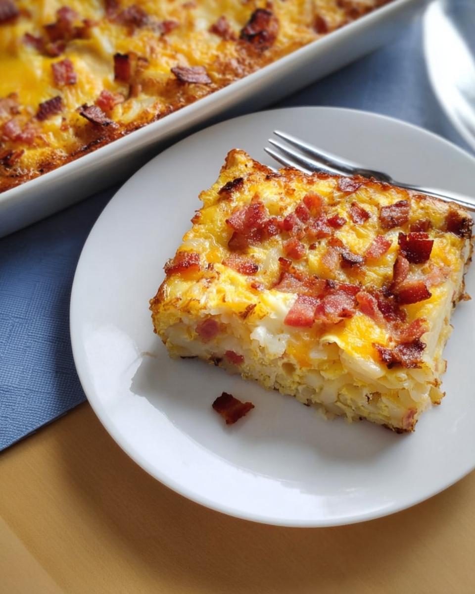 A slice of a hearty breakfast casserole with bacon, cheese, and hash browns, served on a white plate.