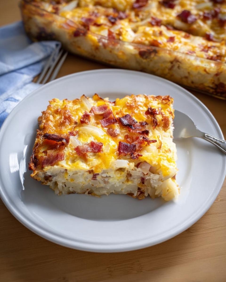 A delicious slice of breakfast casserole with bacon, cheese, and potatoes on a white plate.