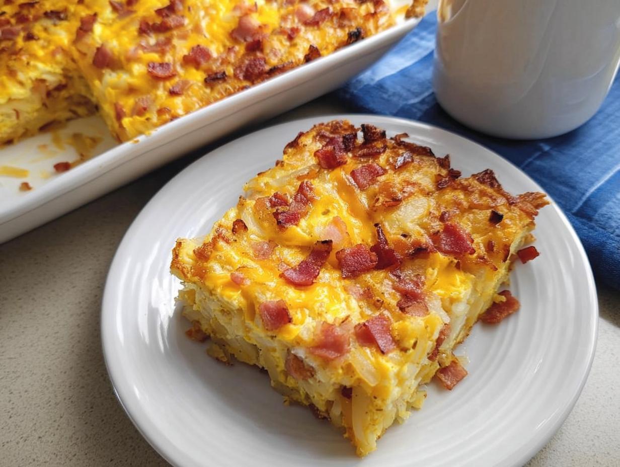 A slice of breakfast casserole with eggs, cheese, hash browns, and bacon on a white plate.