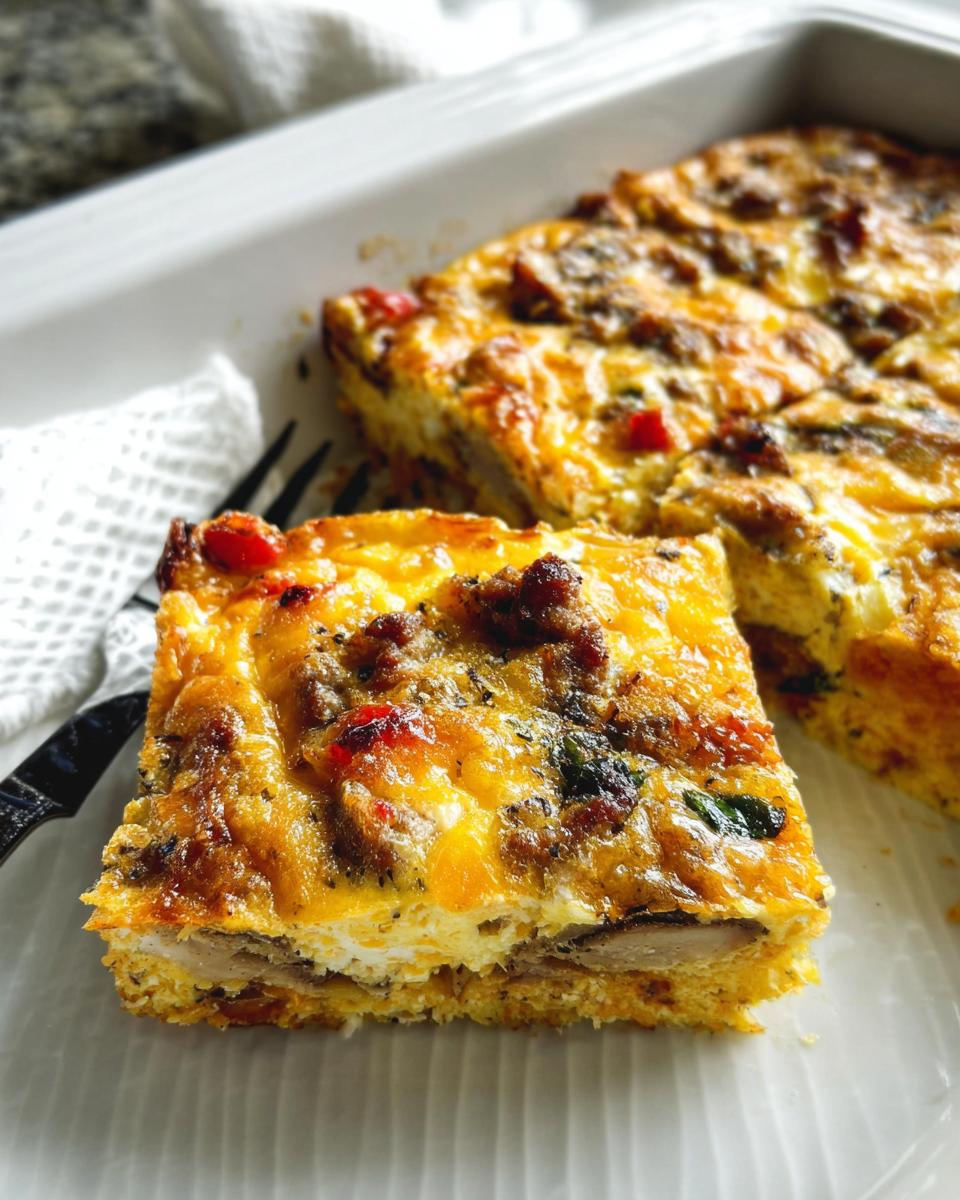 A close-up of a slice of breakfast casserole with sausage, peppers, and mushrooms, perfect for meal prep.