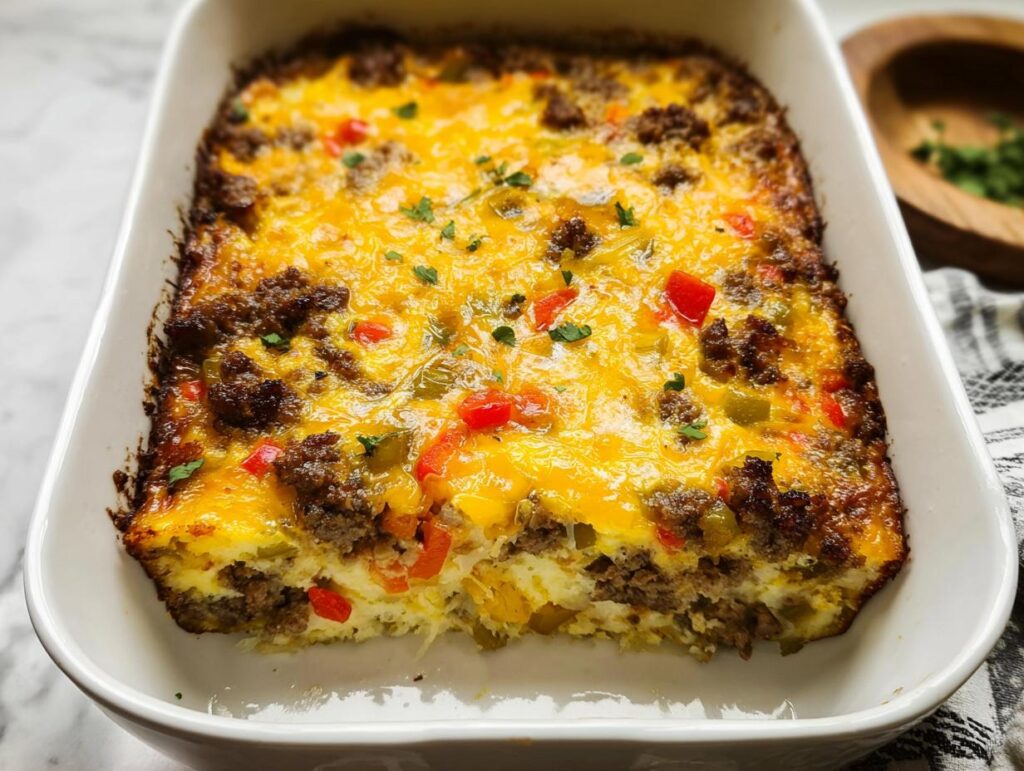 A delicious breakfast casserole with sausage, eggs, cheese, and peppers, perfect for meal prep recipes.