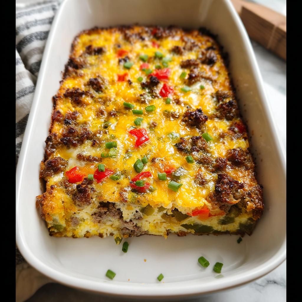 A slice of savory breakfast casserole with sausage, cheese, peppers, and chives, perfect for meal prep.