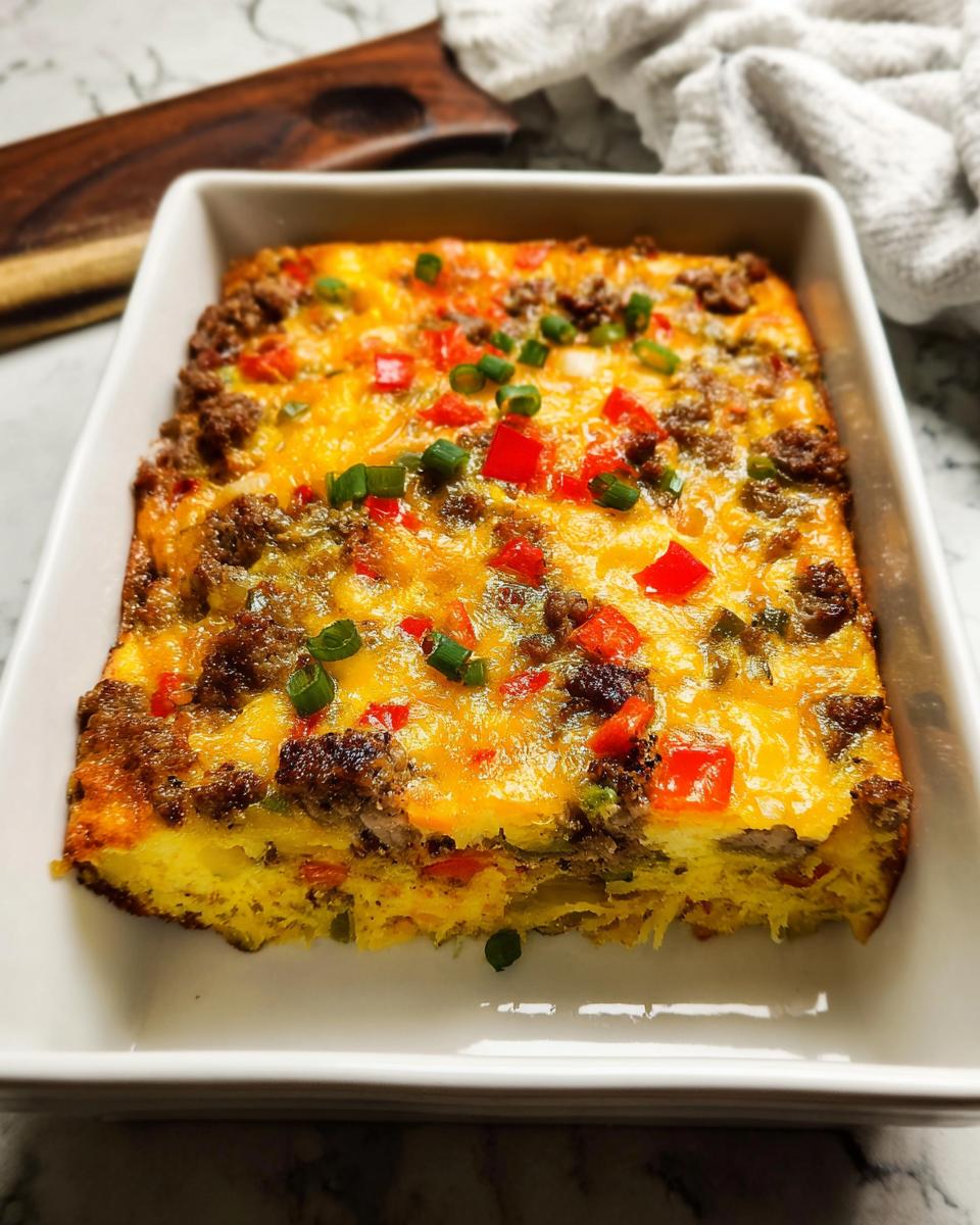 A hearty breakfast casserole with sausage, cheese, peppers, and green onions, perfect for meal prep.
