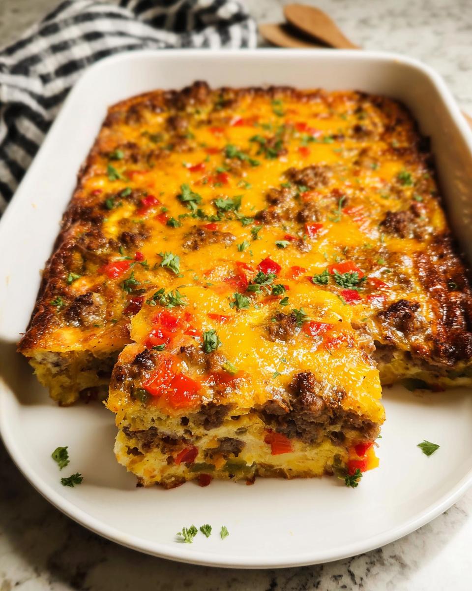 A slice of a hearty breakfast casserole with sausage, cheese, and peppers, perfect for meal prep.