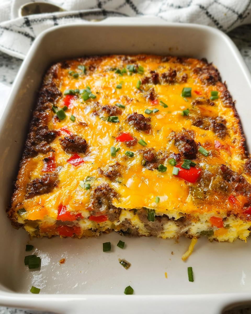 A slice of a savory breakfast casserole with sausage, peppers, and melted cheese, perfect for breakfast ideas recipes meal prep.