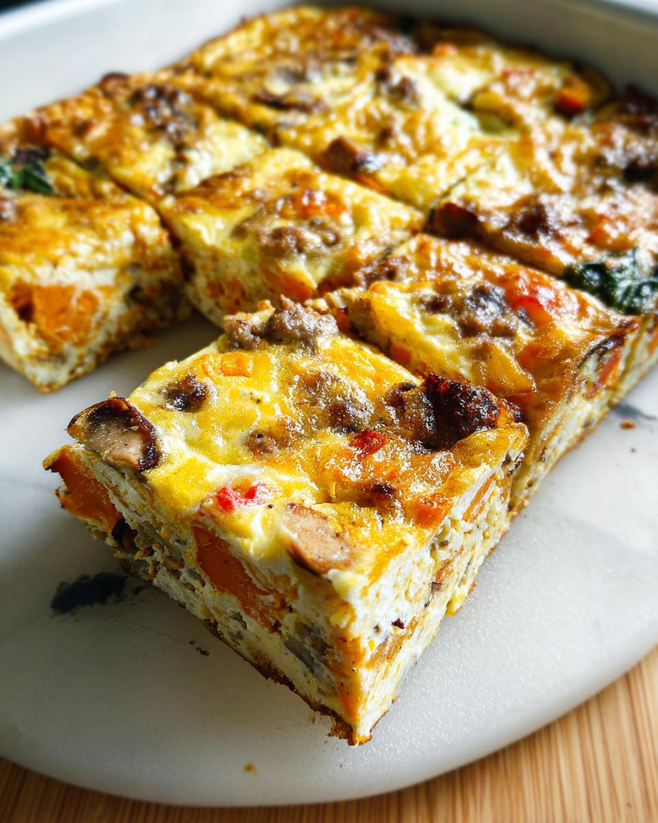 A slice of a hearty breakfast casserole with eggs, vegetables, and sausage, perfect for meal prep.