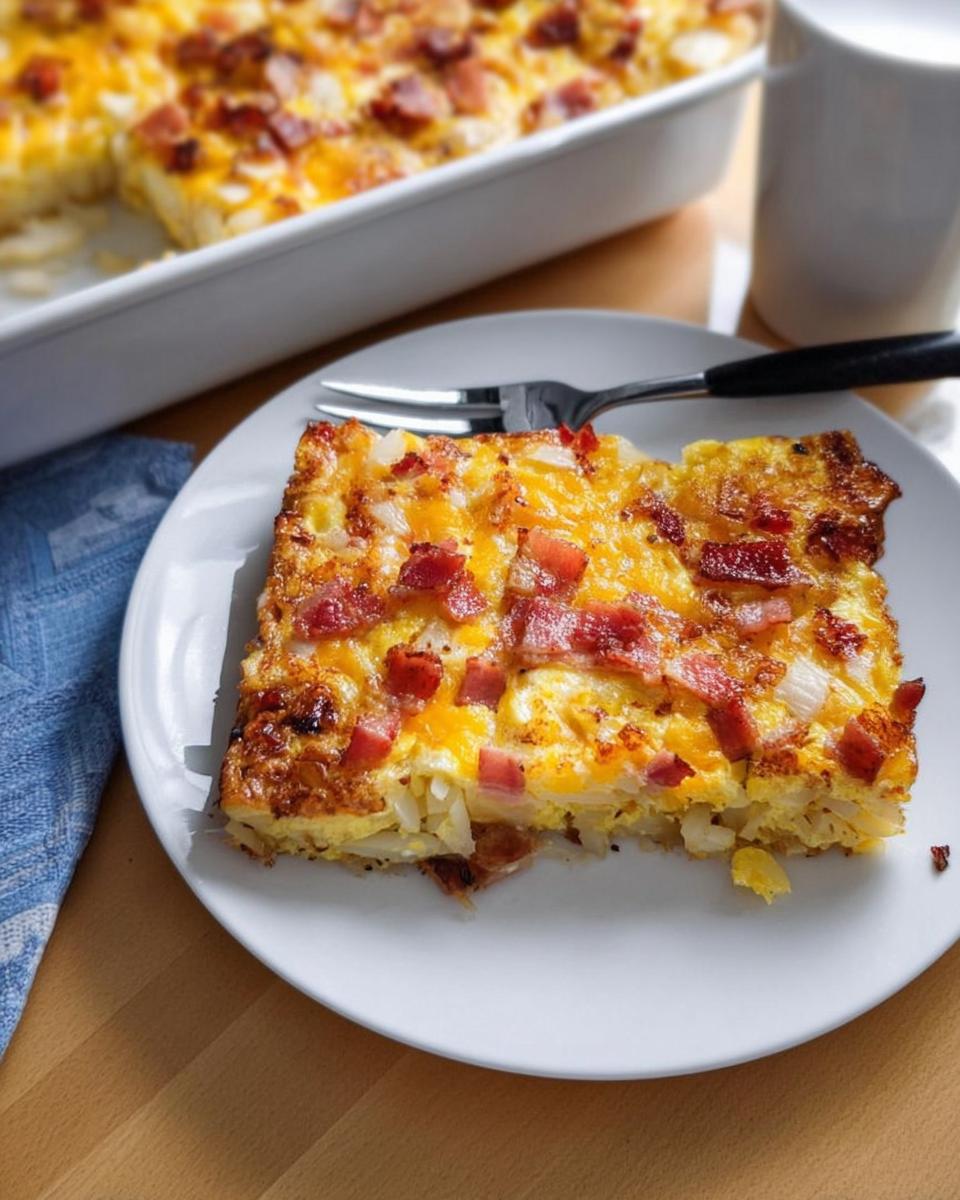 A slice of a delicious breakfast casserole with eggs, cheese, bacon, and potatoes, part of our Breakfast Ideas Recipes.