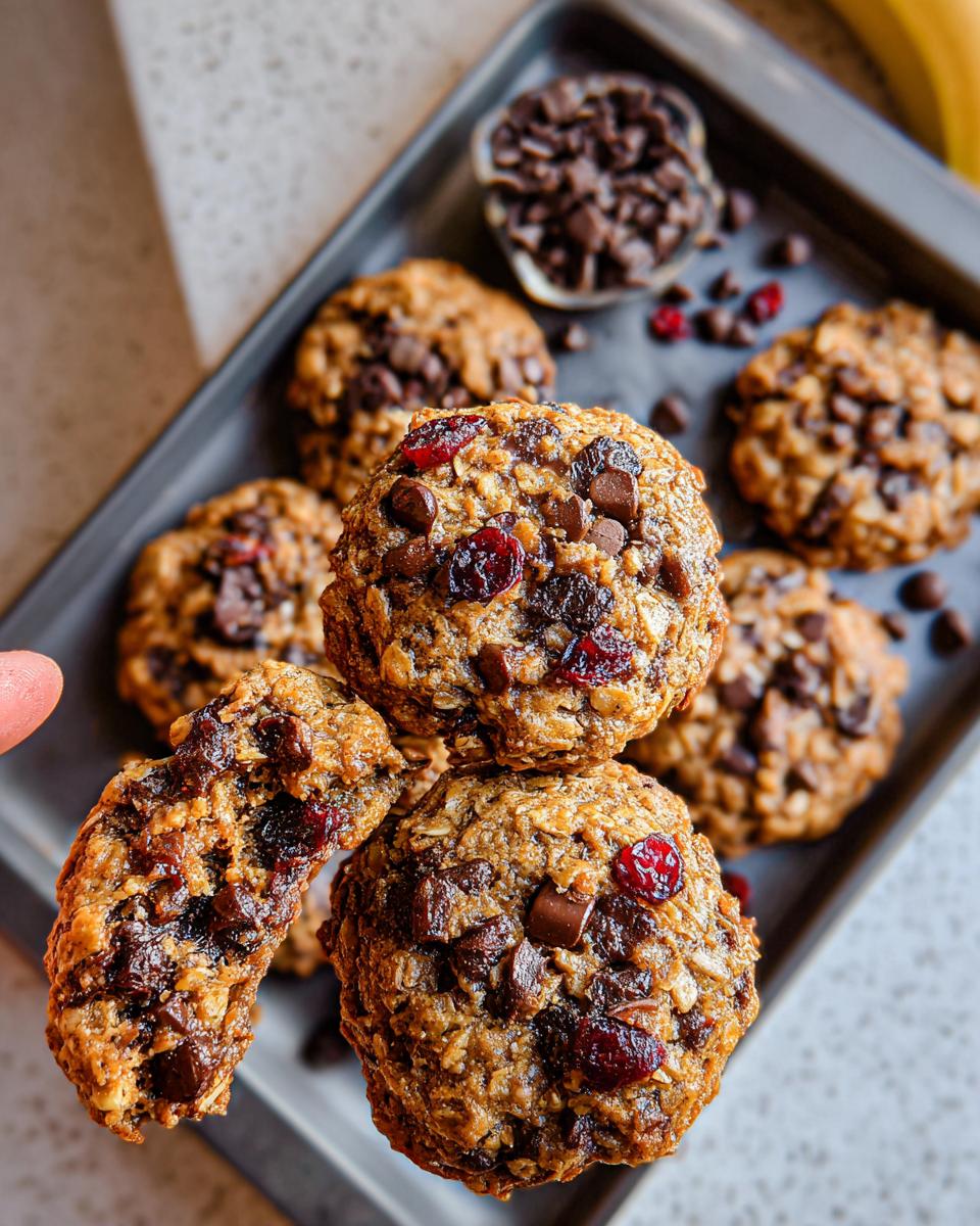 Close-up of delicious oatmeal cookies with chocolate chips and cranberries, perfect for breakfast ideas recipes in 20 minutes.