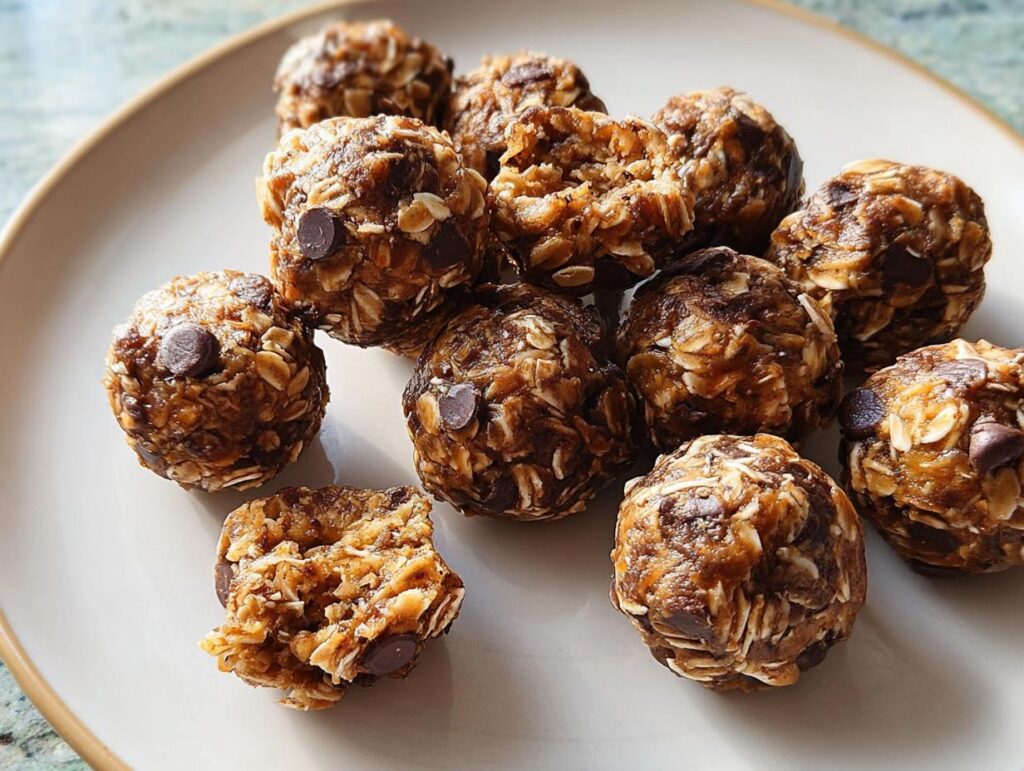 A plate of no-bake chocolate chip energy balls, a perfect breakfast idea recipe.