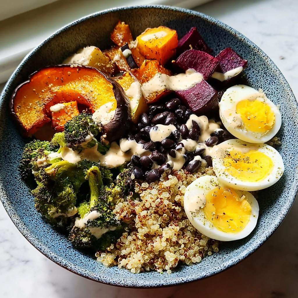 A vibrant bowl packed with quinoa, black beans, roasted vegetables, and hard-boiled eggs, drizzled with a creamy sauce. A perfect breakfast idea.