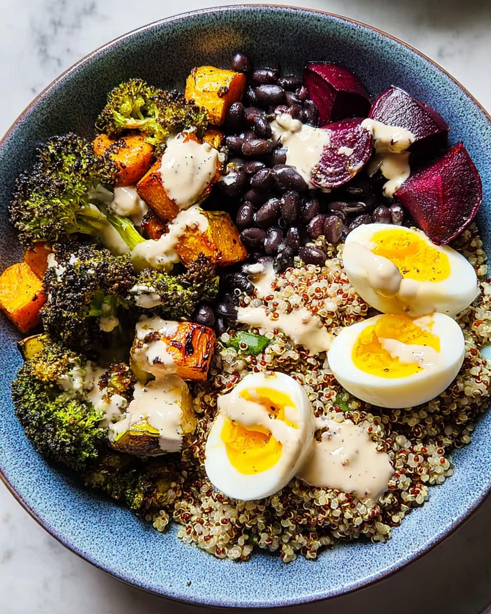 A vibrant bowl of breakfast ideas with quinoa, black beans, roasted broccoli, sweet potato, beets, and hard-boiled eggs drizzled with sauce.