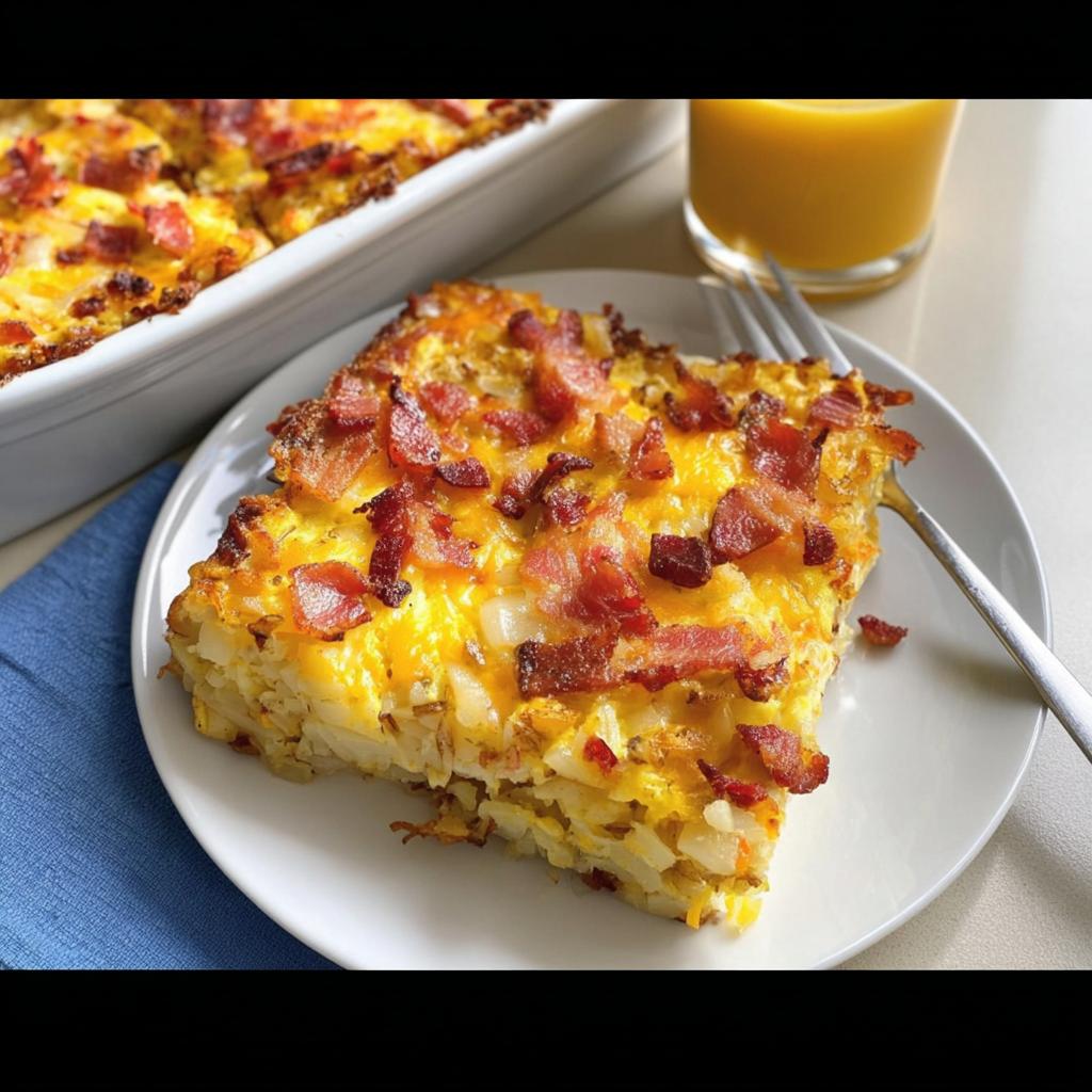 A slice of breakfast casserole with bacon, cheese, and hash browns, served with orange juice.