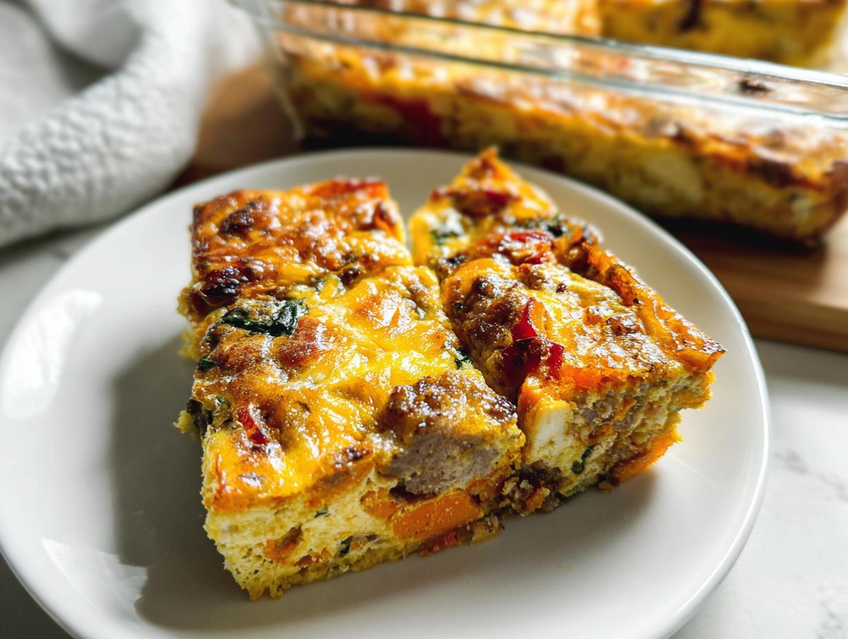 Two slices of a savory breakfast egg bake with sausage, sweet potato, and cheese, ready for meal prep.