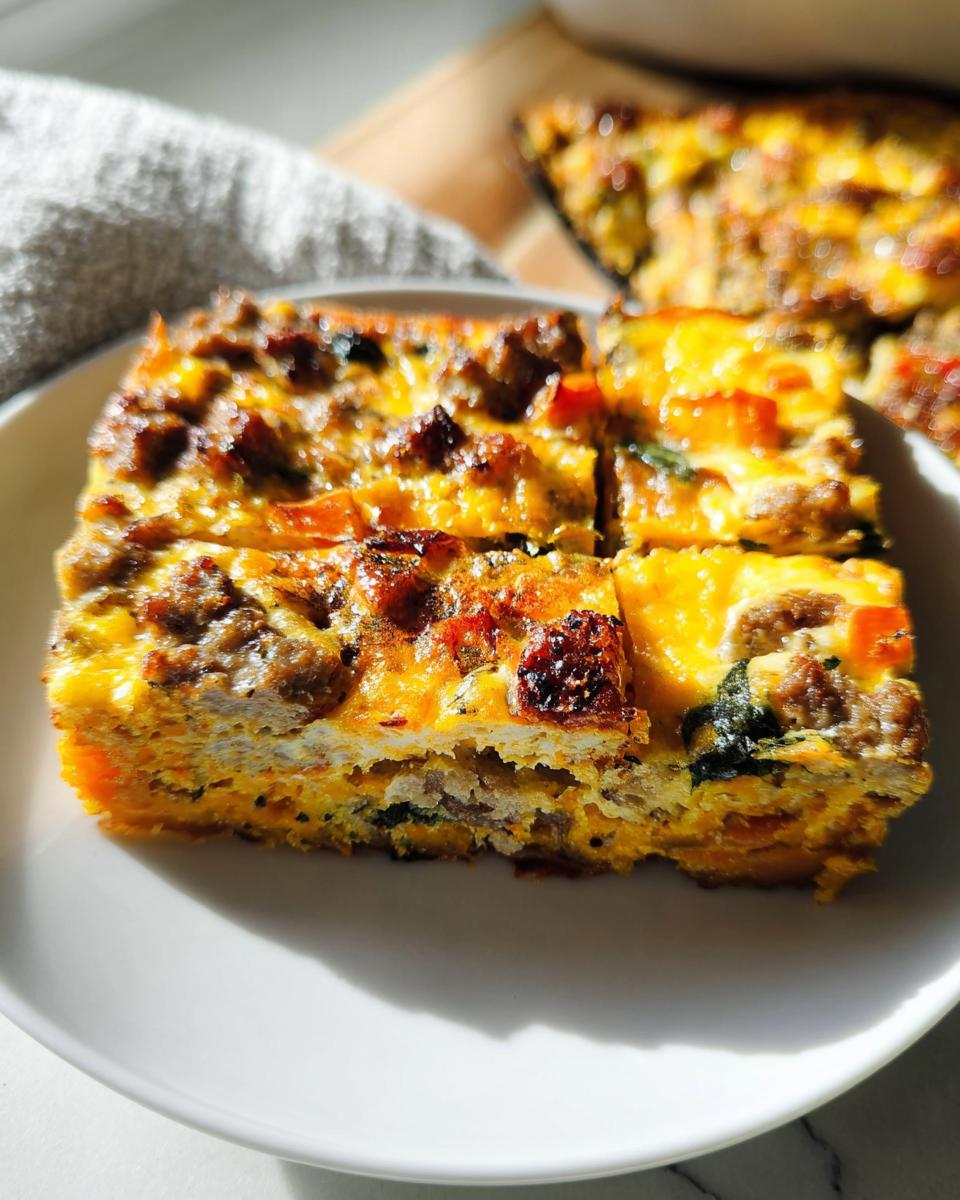 Slices of a hearty sausage and egg breakfast casserole with vegetables, perfect for meal prep.