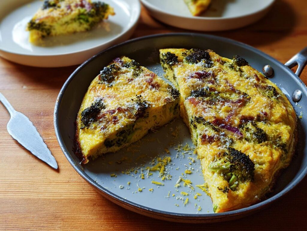 A slice of broccoli and bacon frittata in a pan, part of 25 Genius Egg Recipes.