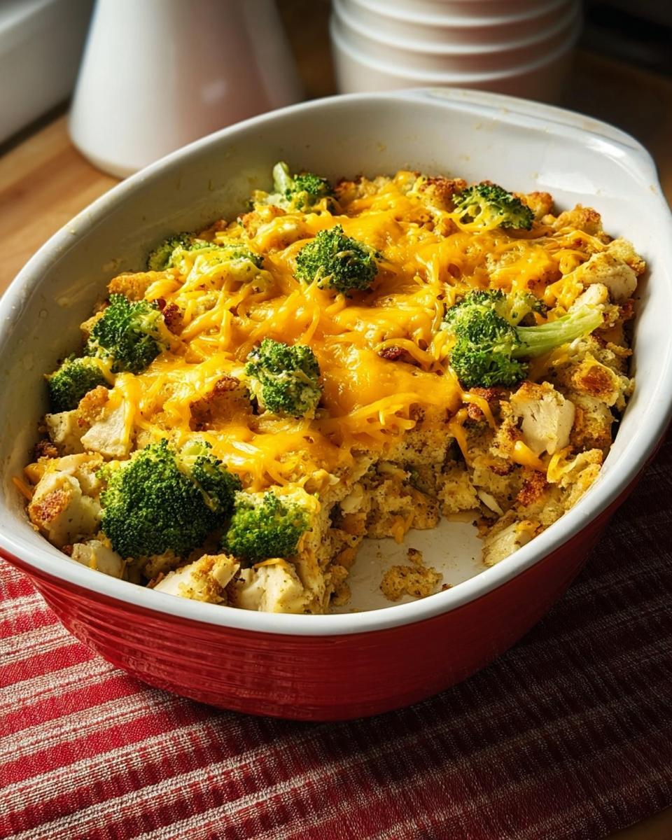 A delicious broccoli chicken casserole topped with melted cheddar cheese and baked to perfection.