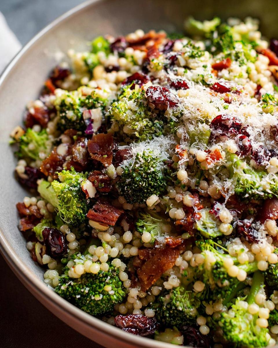 A vibrant bowl of broccoli and couscous salad, featuring cranberries, bacon bits, and grated Parmesan cheese.