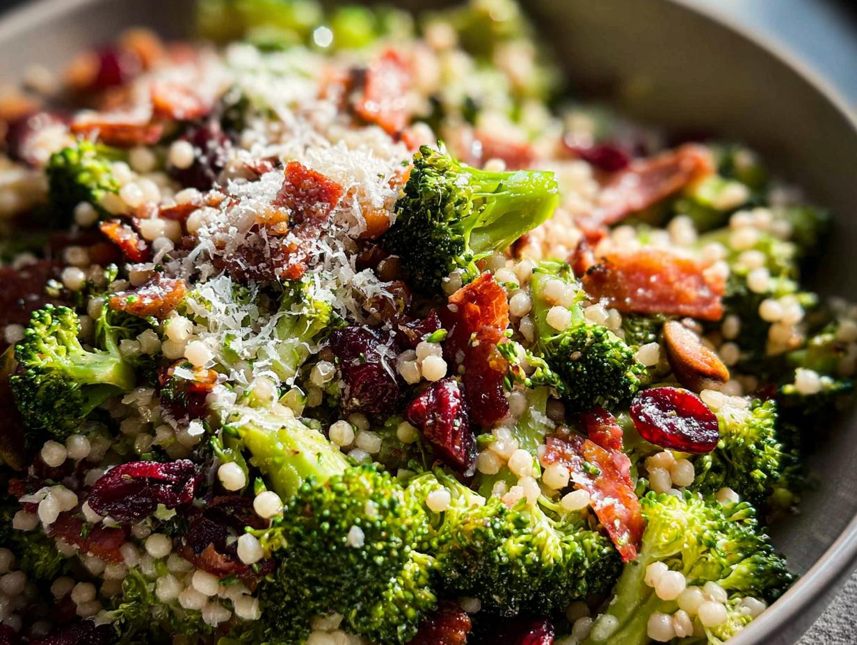 Close-up of a vibrant broccoli couscous salad with cranberries, bacon, and grated Parmesan cheese.